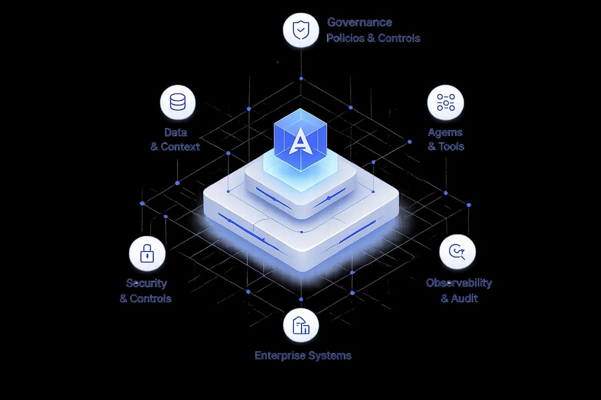 Governed agentic AI architecture — central Aioryx hub with governance, agents, security, data, and enterprise systems